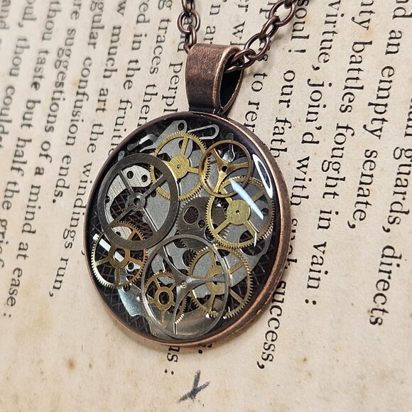 Steampunk Copper Pendant Necklace Made with Genuine Watch Parts & Gears on Chain - Picture 5 of 7